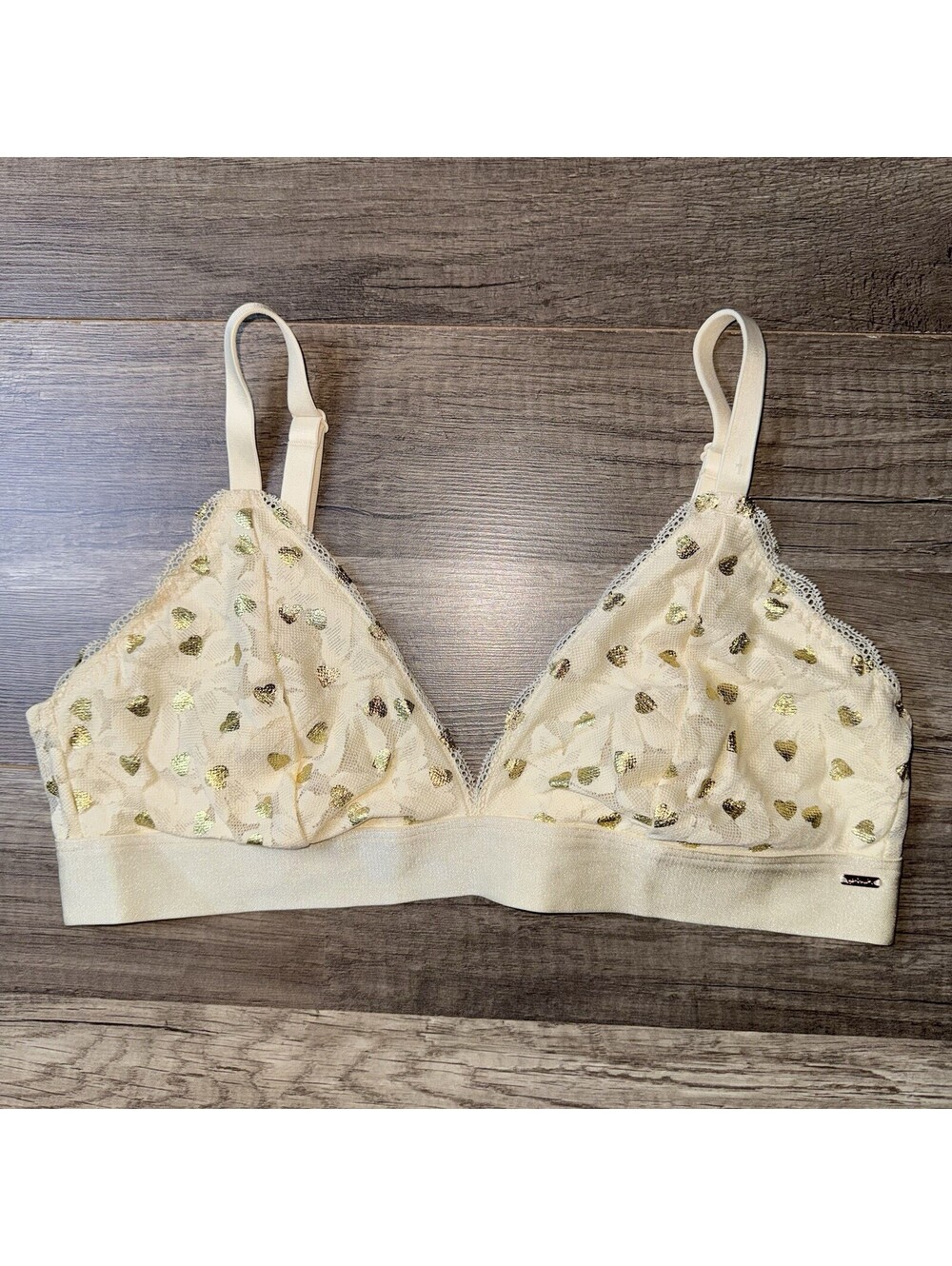 Victoria's Secret Pink Lace Unlined Bralette With A Gold Heart Pattern Ivory L